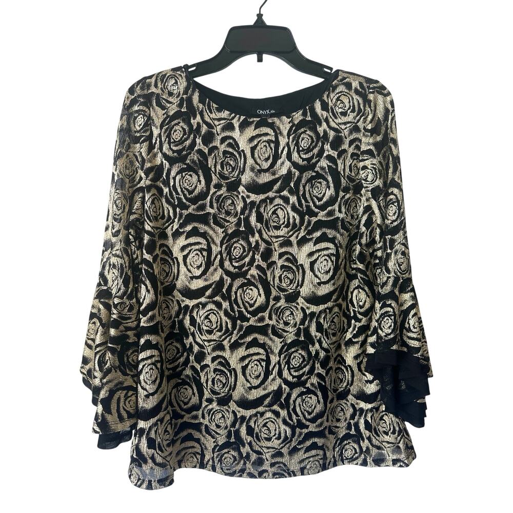 ONYX Nite Black Gold Rose Tiered Flare Bell Sleeves Shimmer Top Women’s Large